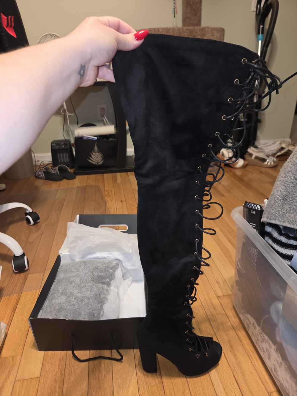 Fashion Nova Black Lace-Up Over-the-Knee Peep-Toe Block Heel Boots - Picture 8 of 11
